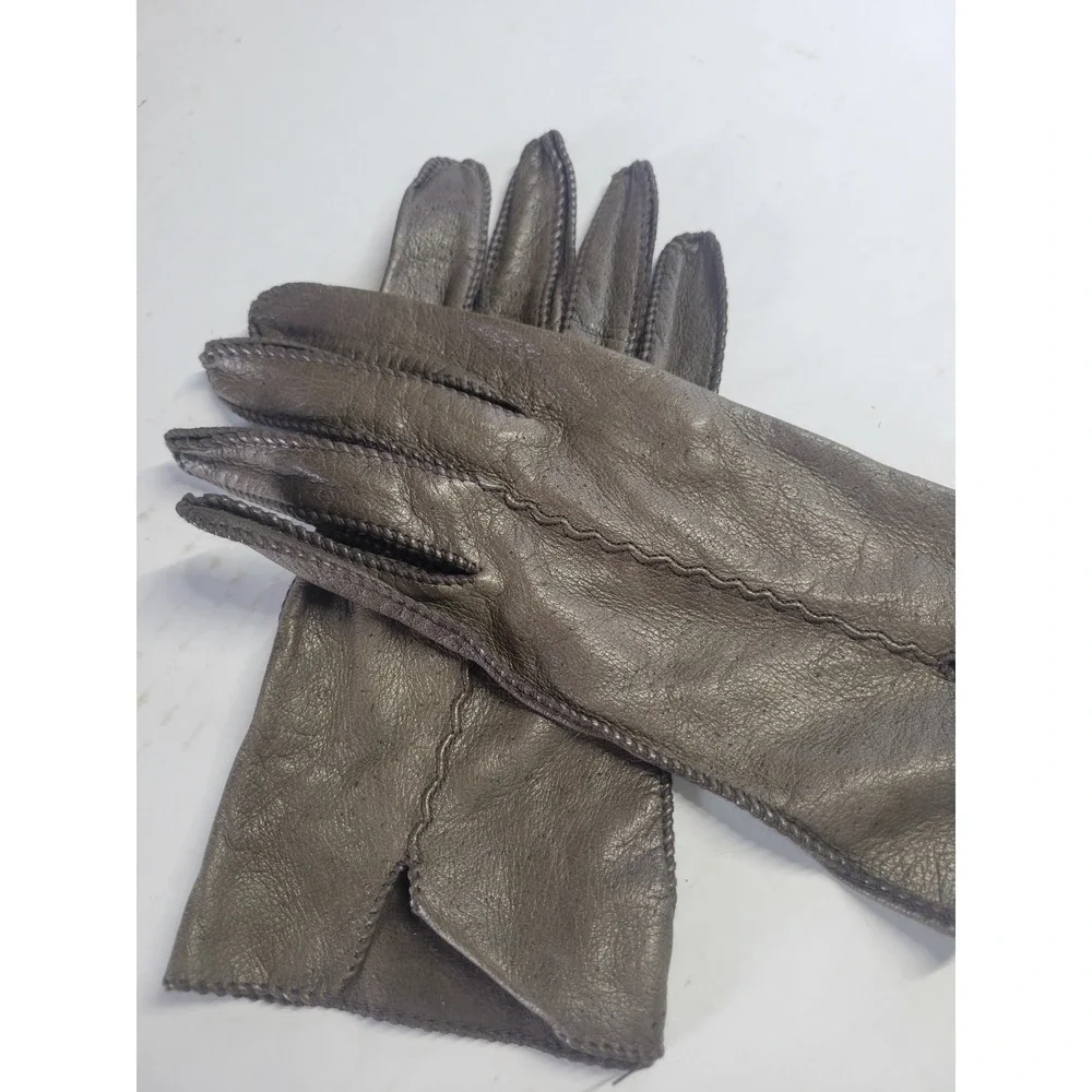 Vintage Genuine Deerskin‎ Leather Gloves Taupe Brown Whipstitch Sz 8.5 Hand Wash